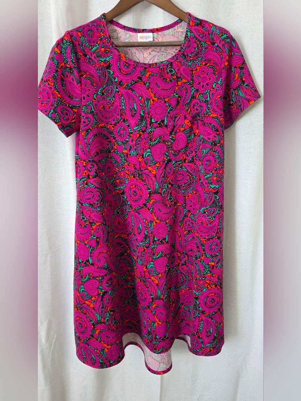 LuLaRoe Carly Swing Dress L Large Short Sleeve High Low Paisley Floral Pocket